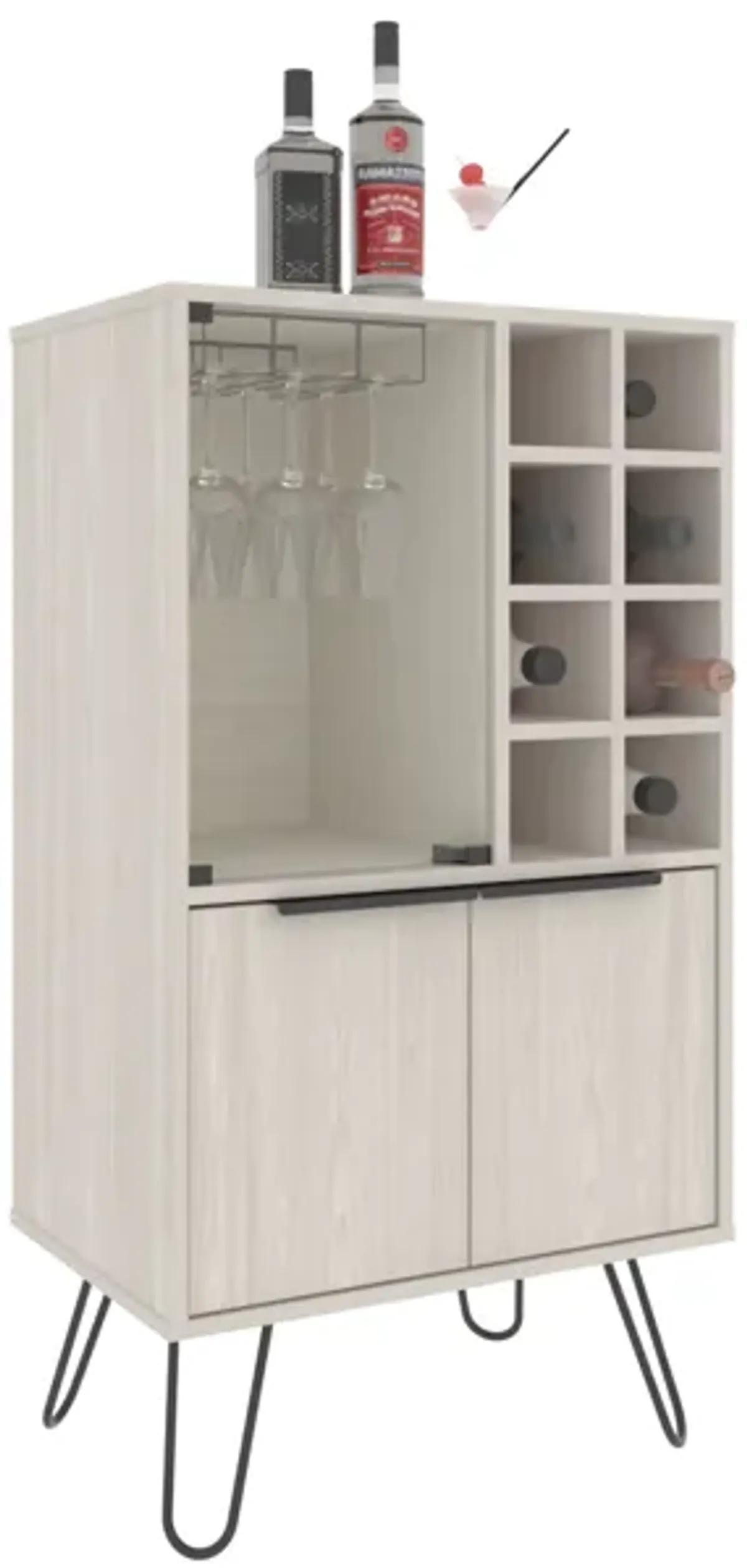 Lutak Bar Cabinet 43.1" H, with 2 Doors, 9 Shelves, and 1 Glass Panel, White Washed Oak