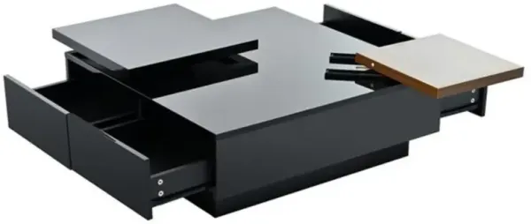 Movable Top Coffee Table with High-Gloss Finish and 4 Hidden Drawers Modern Living Room Storage Table