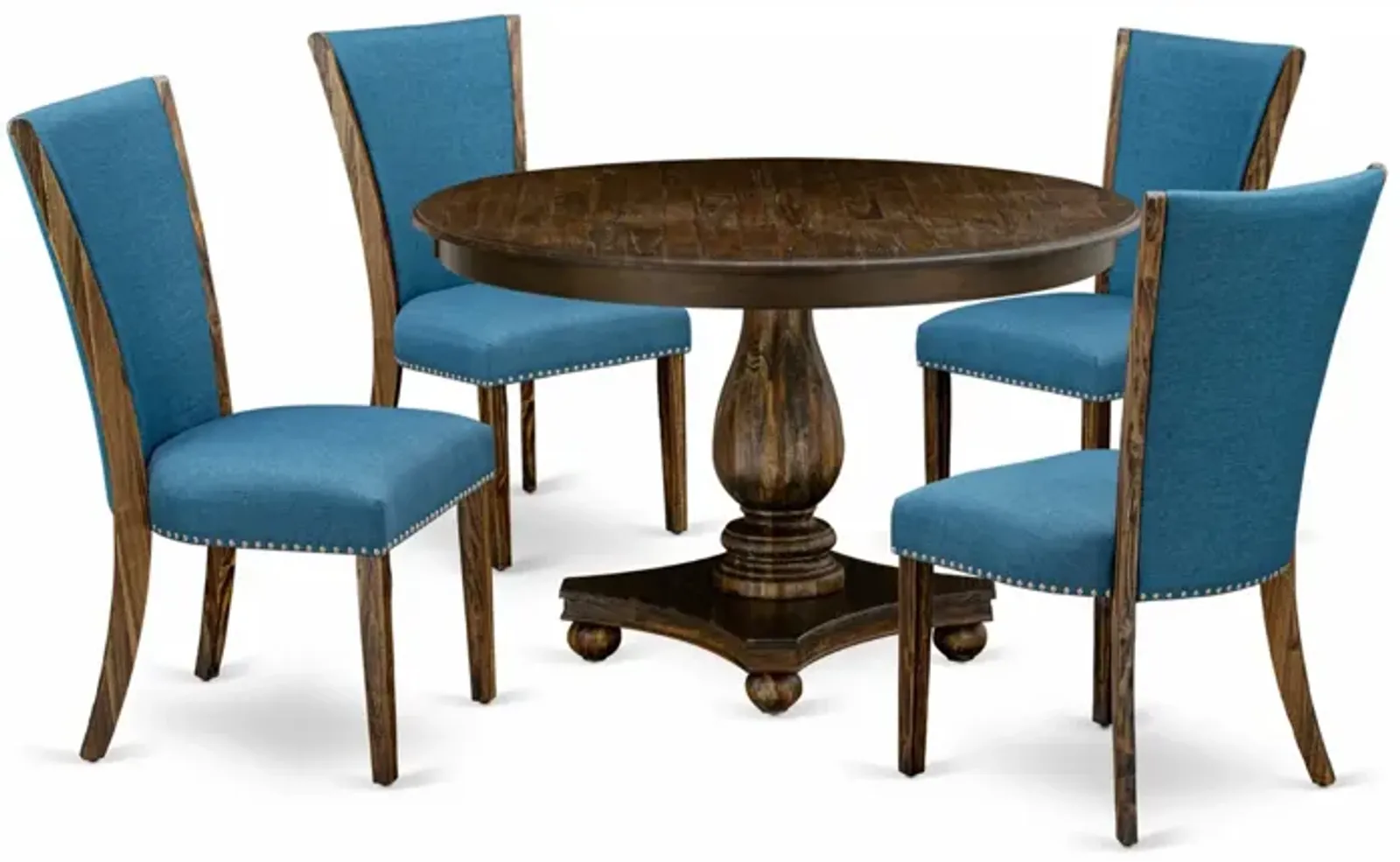 East West Furniture F2VE5-721 5Pc Dining Room Set - Round Table and 4 Parson Chairs - Distressed Jacobean Color