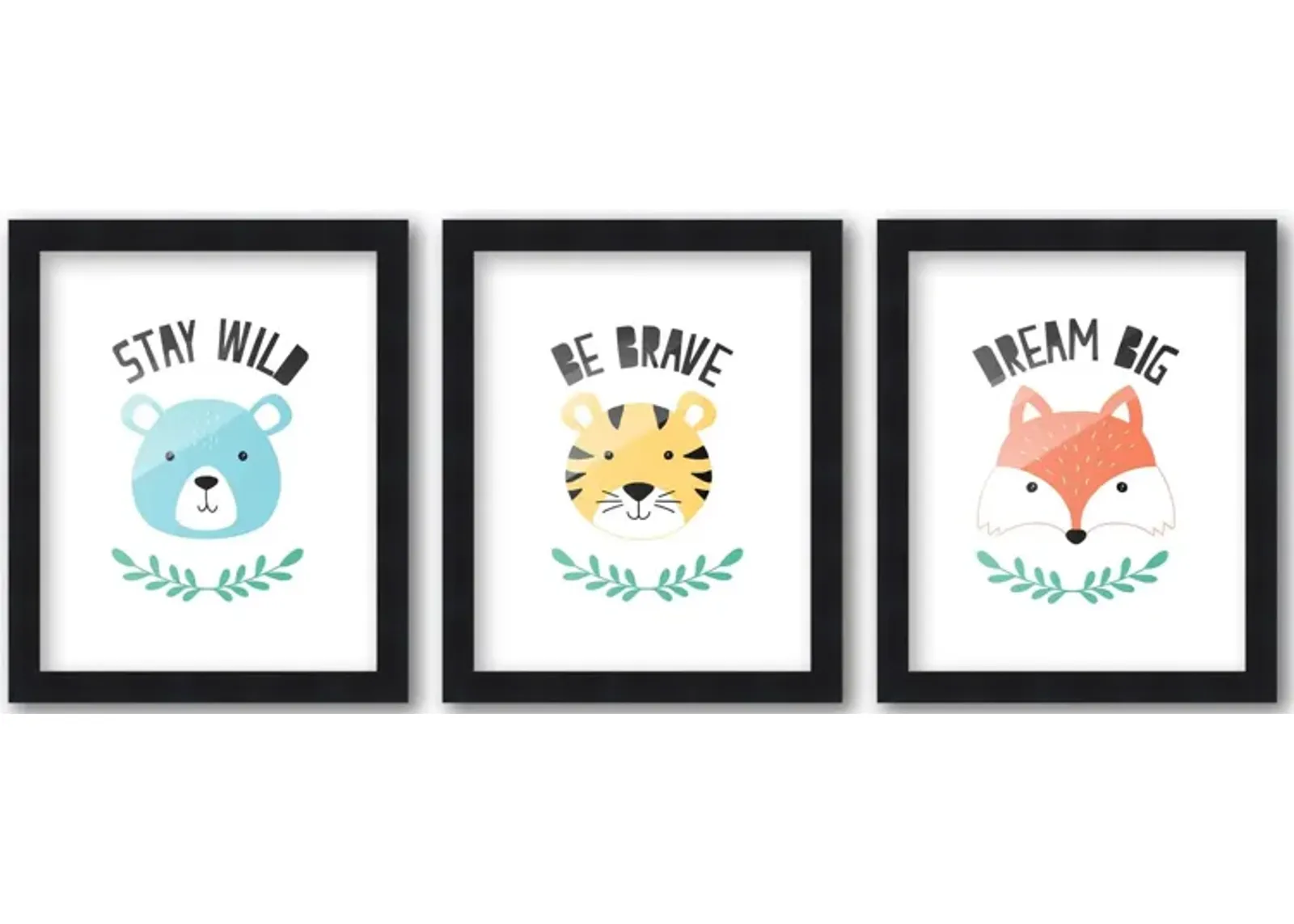 8x10 Framed Nursery Wall Art Set of 3 Hand Drawn Animal Prints in Black Wood Frames