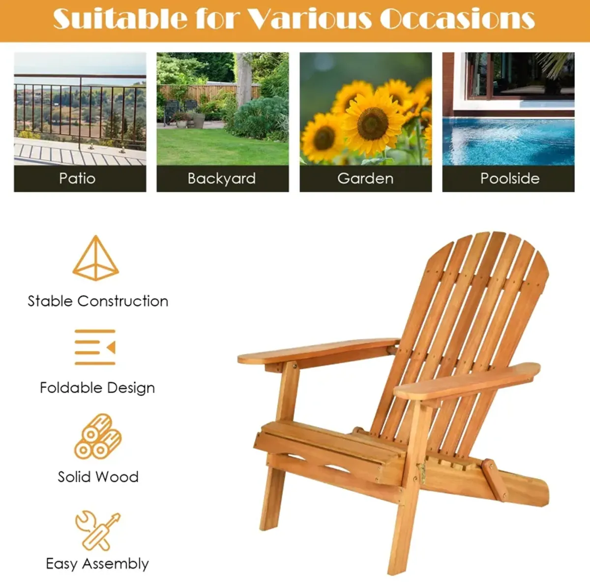 3 Pieces Adirondack Chair Set with Widened Armrest