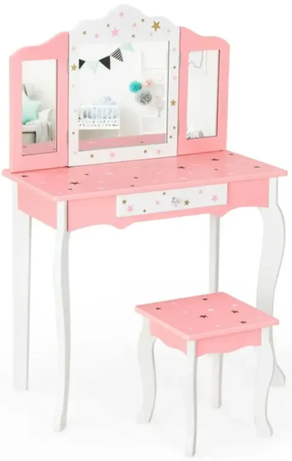 Hivvago Kids Princess Vanity Table and Stool Set with Tri-folding Mirror and Drawer