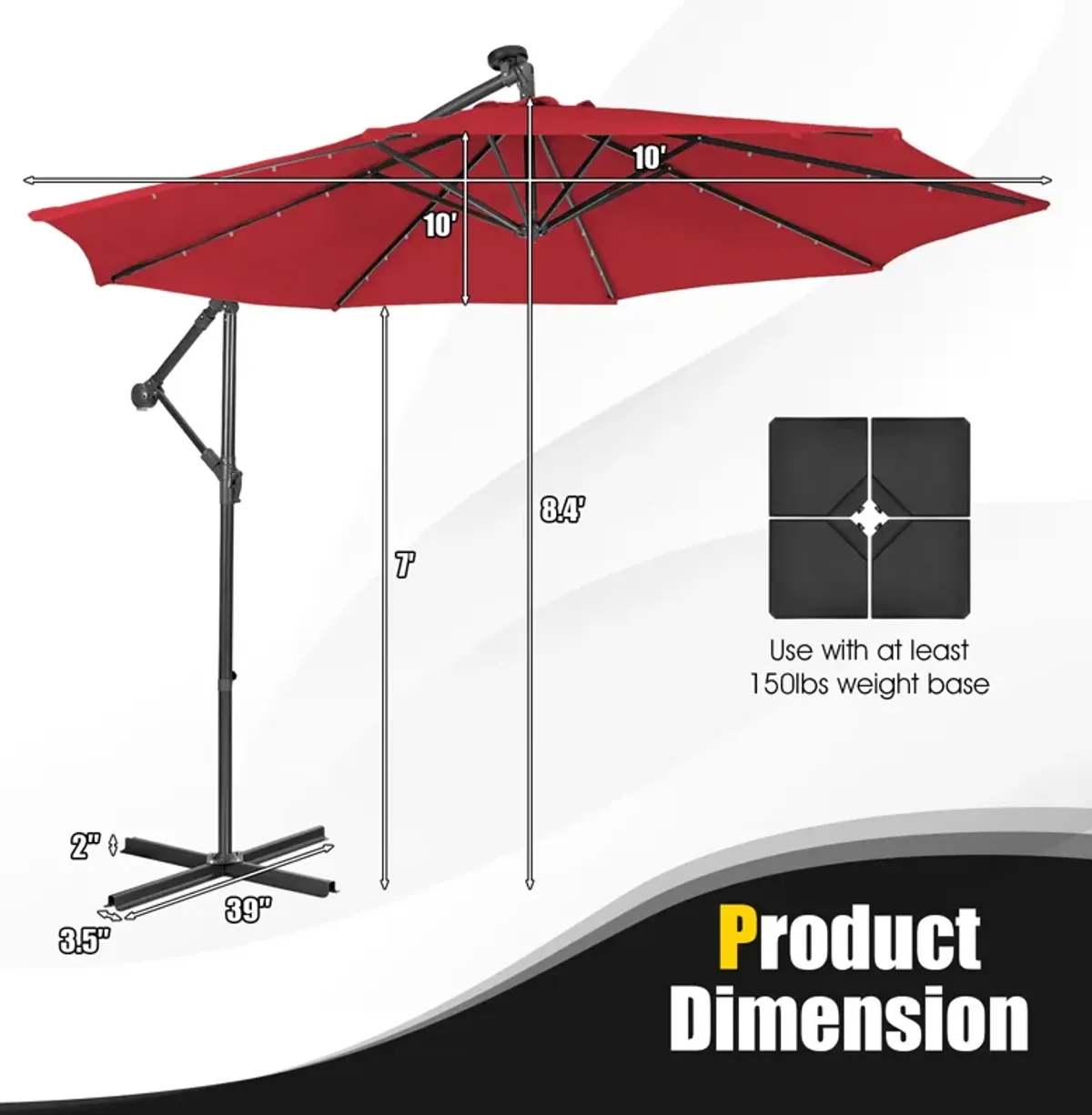 10 Feet Patio Solar Powered Cantilever Umbrella with Tilting System