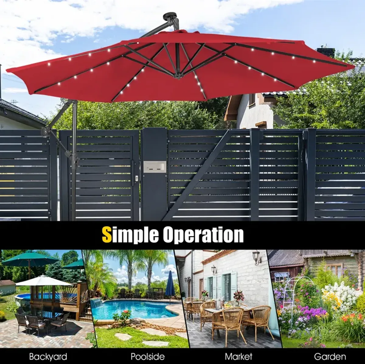 10 Feet Patio Solar Powered Cantilever Umbrella with Tilting System