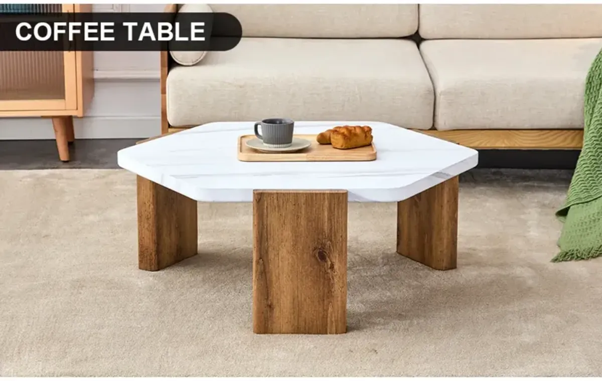 Modern MDF Coffee Table with White Top & Wooden Legs