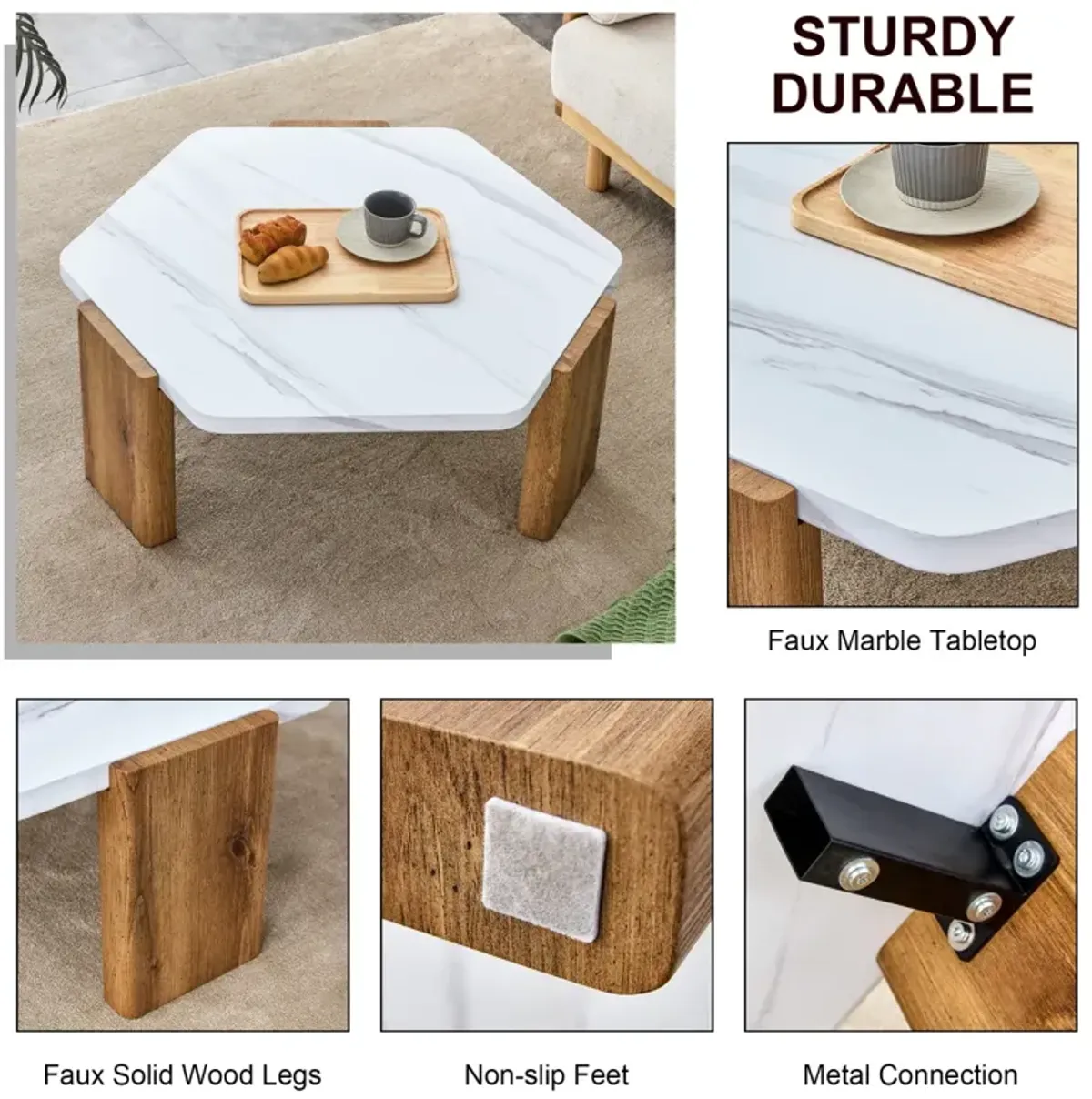 Modern MDF Coffee Table with White Top & Wooden Legs