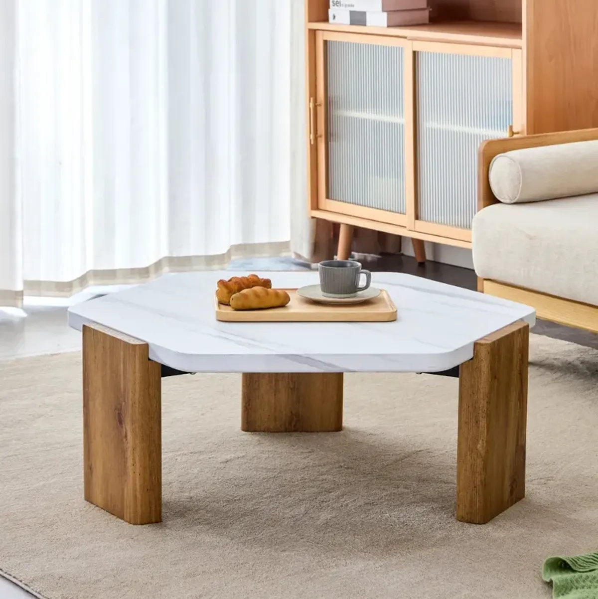 Modern MDF Coffee Table with White Top & Wooden Legs