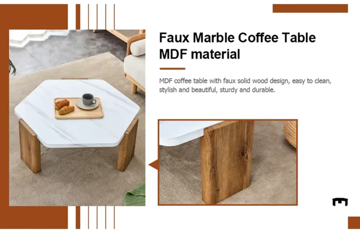 Modern MDF Coffee Table with White Top & Wooden Legs