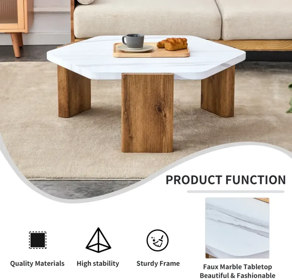 Modern MDF Coffee Table with White Top & Wooden Legs