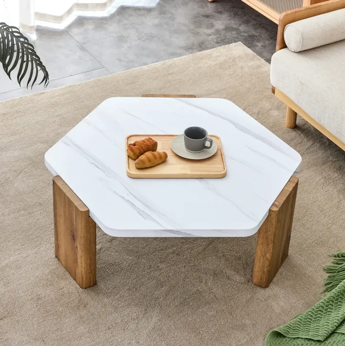 Modern MDF Coffee Table with White Top & Wooden Legs