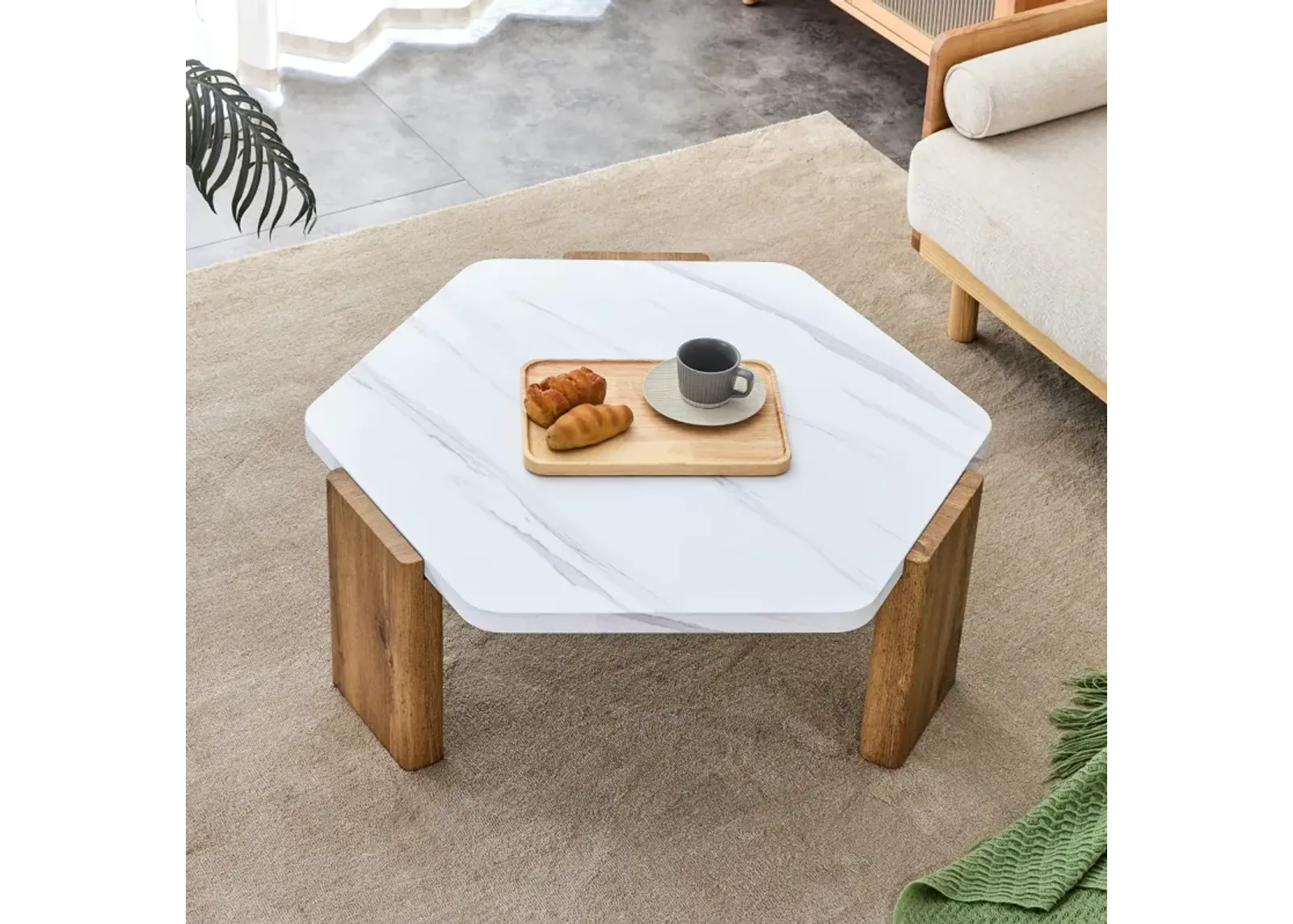 Modern MDF Coffee Table with White Top & Wooden Legs