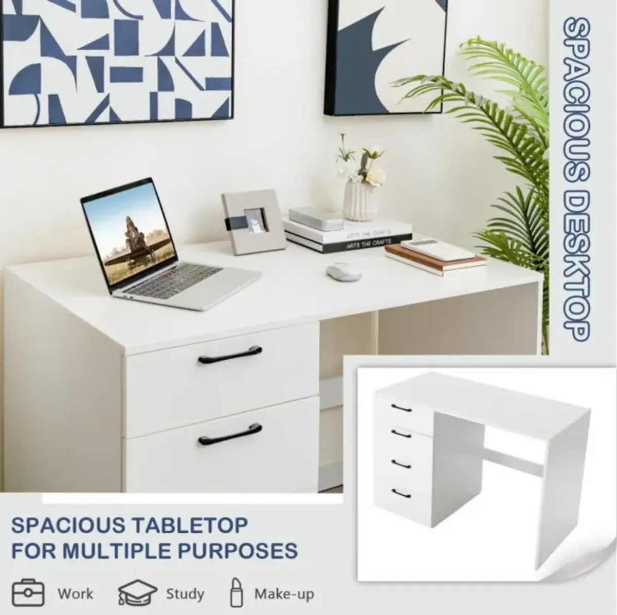 43.5 Inch Computer Desk with 4 Large Drawers-White