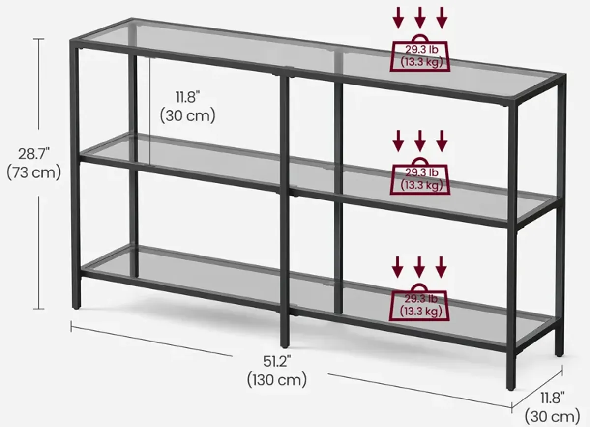 Contemporary Console Table with 3 Shelves - Metal Frame, Tempered Glass, Ideal for Bedroom