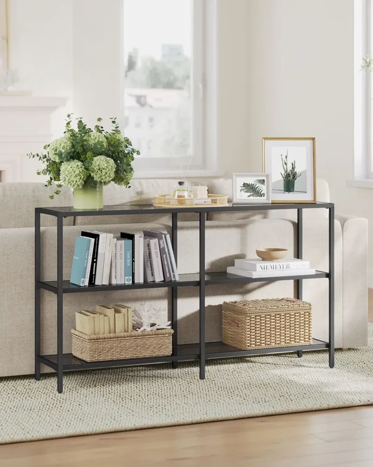 Contemporary Console Table with 3 Shelves - Metal Frame, Tempered Glass, Ideal for Bedroom