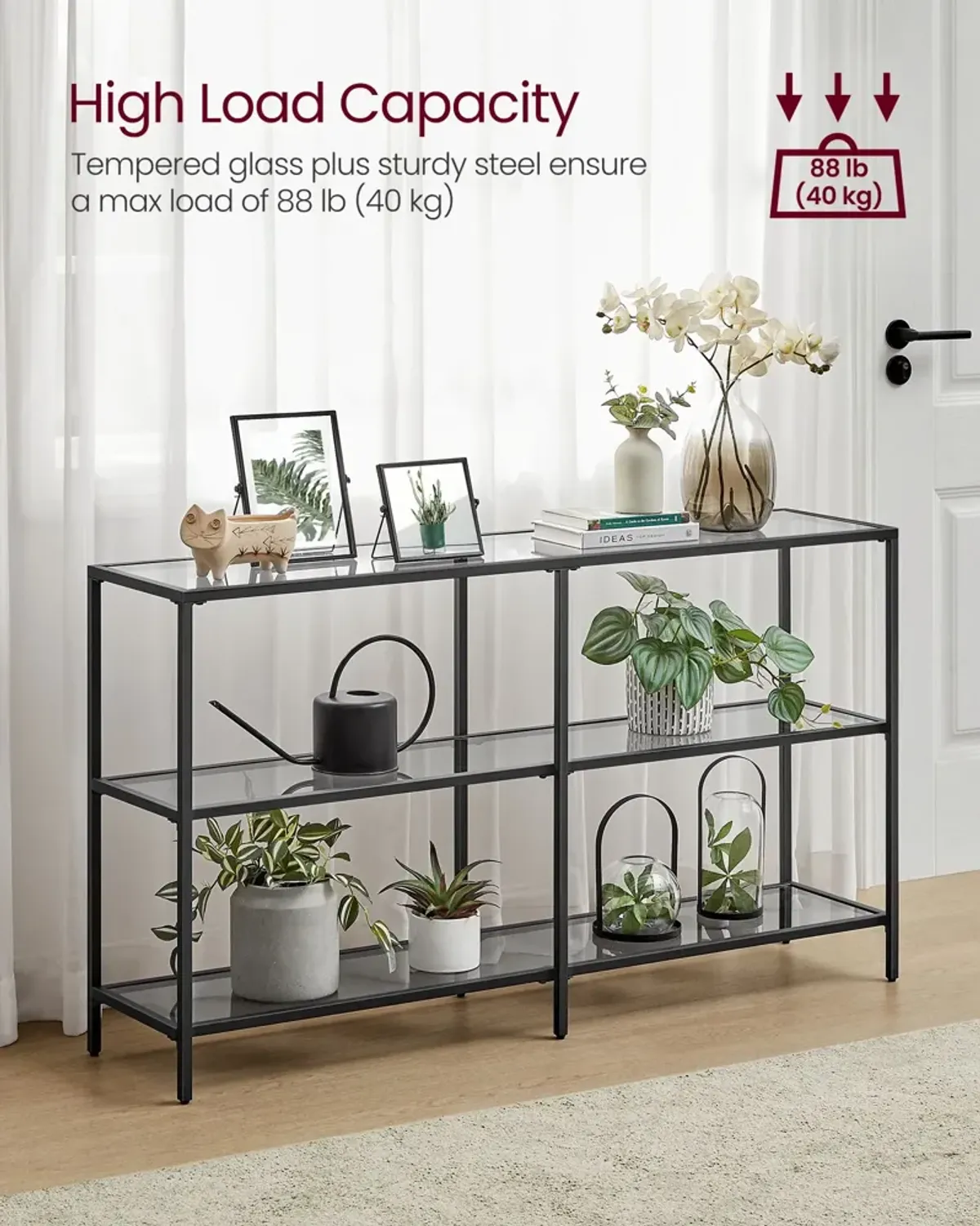 Contemporary Console Table with 3 Shelves - Metal Frame, Tempered Glass, Ideal for Bedroom