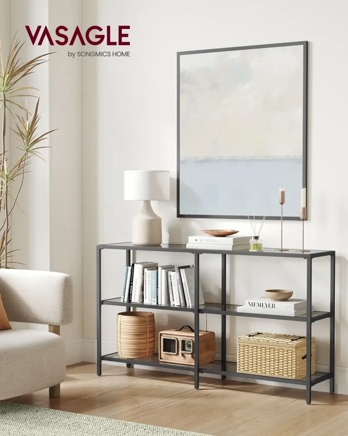 Contemporary Console Table with 3 Shelves - Metal Frame, Tempered Glass, Ideal for Bedroom