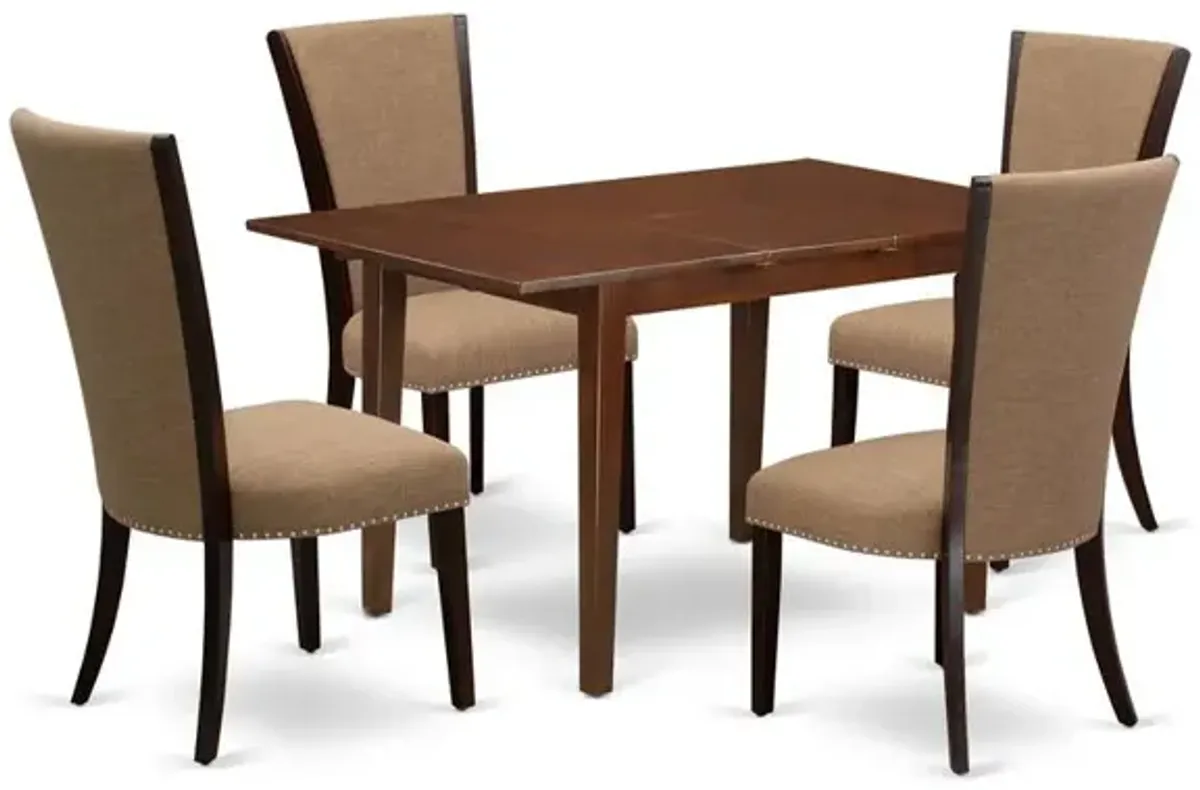 East-West Furniture PSVE5-MAH-47 - A wooden dining table set of 4 excellent kitchen chairs with Linen Fabric Light Sable color and a lovely dinner table in Mahogany Finish