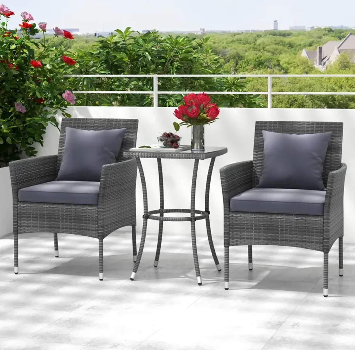 3 Pieces Patio Furniture Set with Cushioned Patio Chairs and Tempered Glass Coffee Table