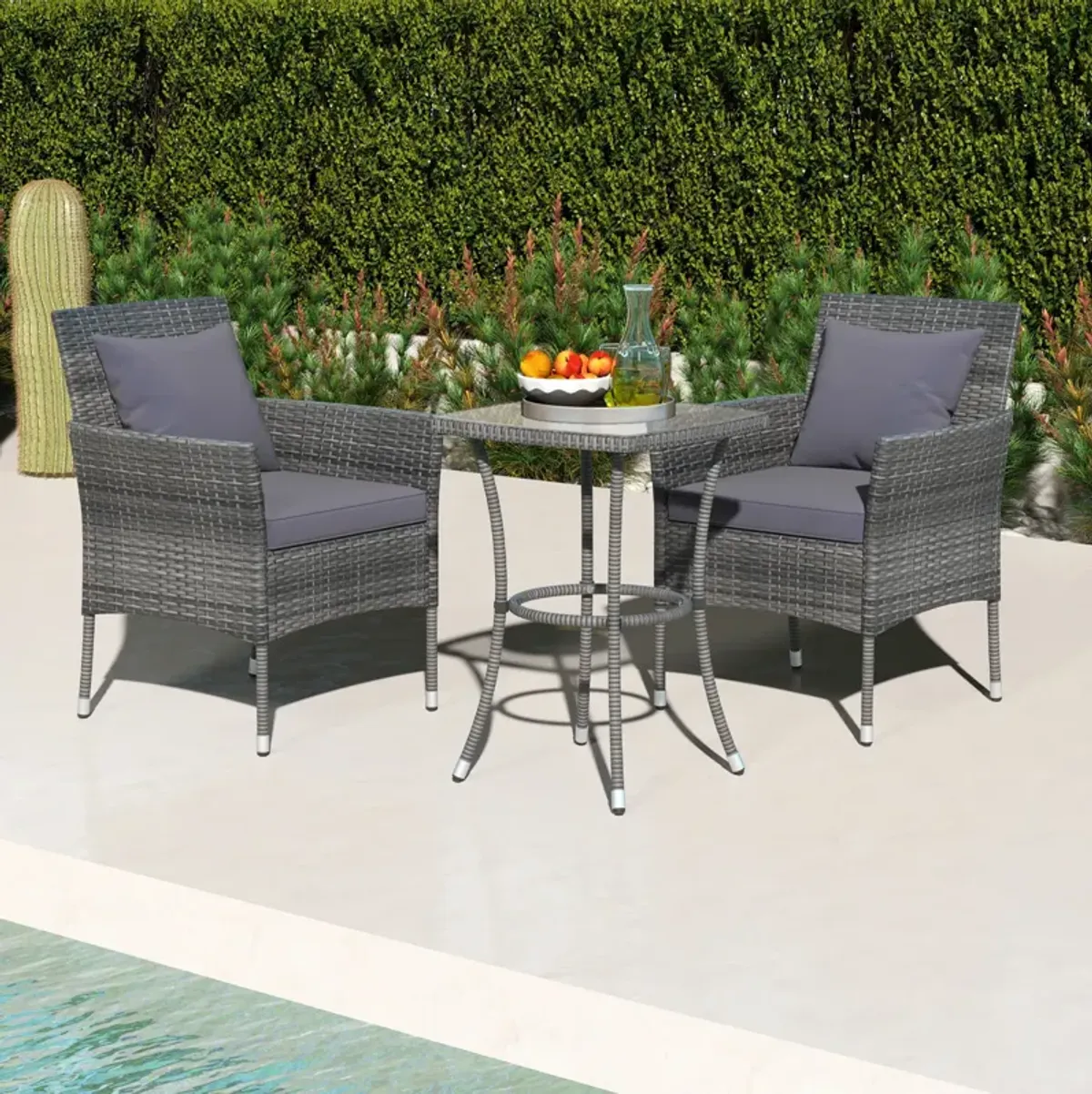 3 Pieces Patio Furniture Set with Cushioned Patio Chairs and Tempered Glass Coffee Table