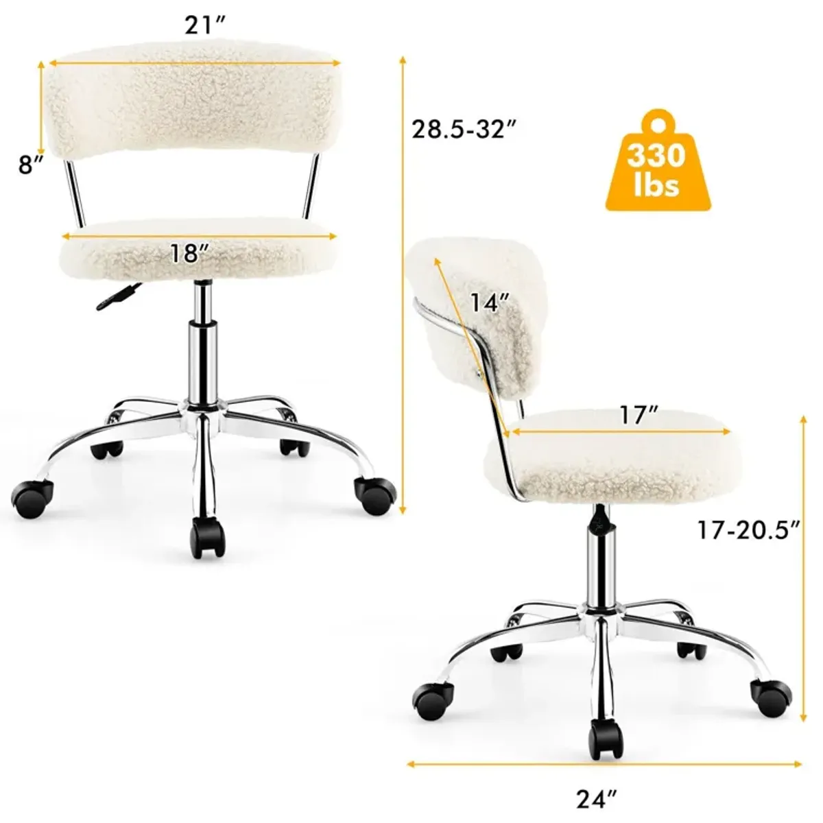 Computer Desk Chair Adjustable Sherpa Office Chair Swivel Vanity Chair-White