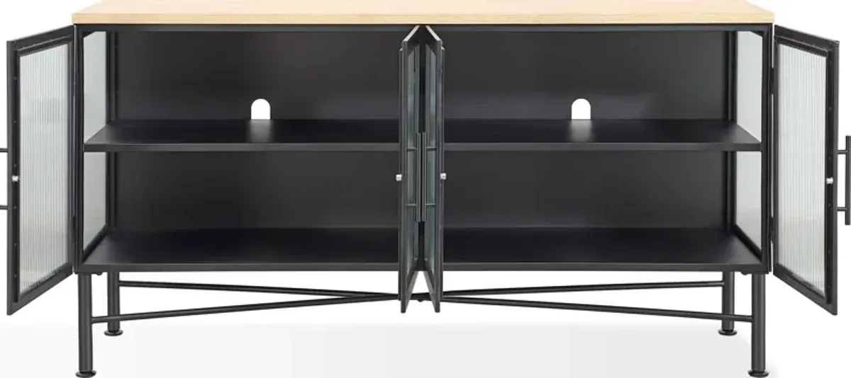Aere Four Door Ribbed Glass, Metal and Wood Sideboard in Natural Ash and Black