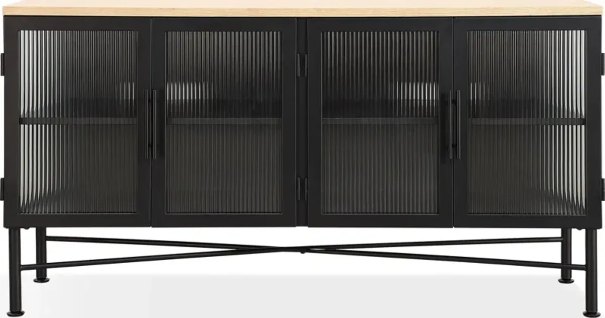 Aere Four Door Ribbed Glass, Metal and Wood Sideboard in Natural Ash and Black