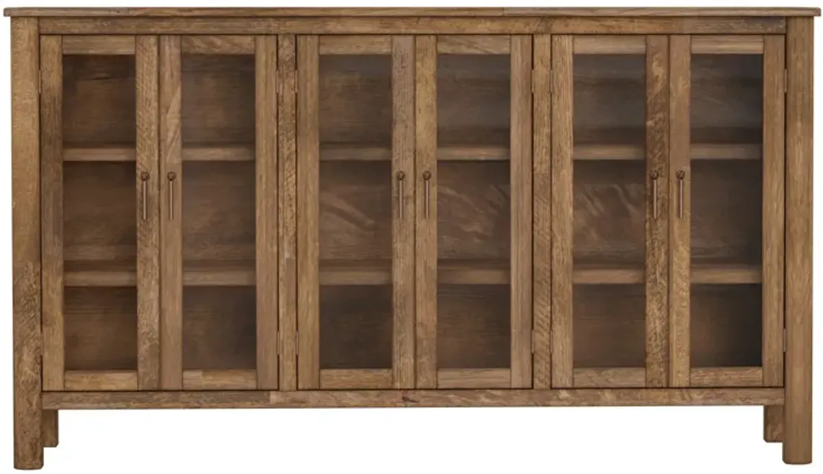 Olum 73 Inch Sideboard Console, Glass Doors, 2 Tiers, Brown Solid Wood - Benzara