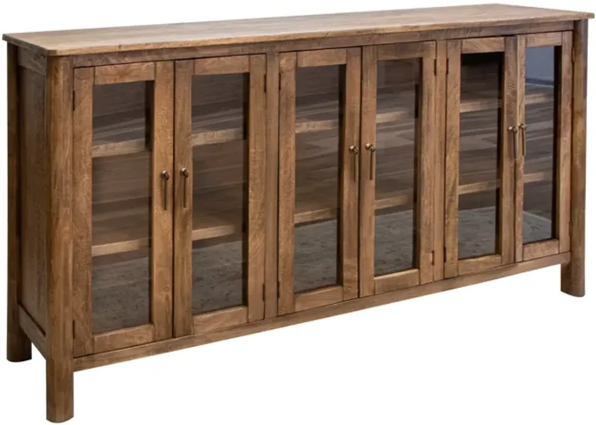 Olum 73 Inch Sideboard Console, Glass Doors, 2 Tiers, Brown Solid Wood - Benzara