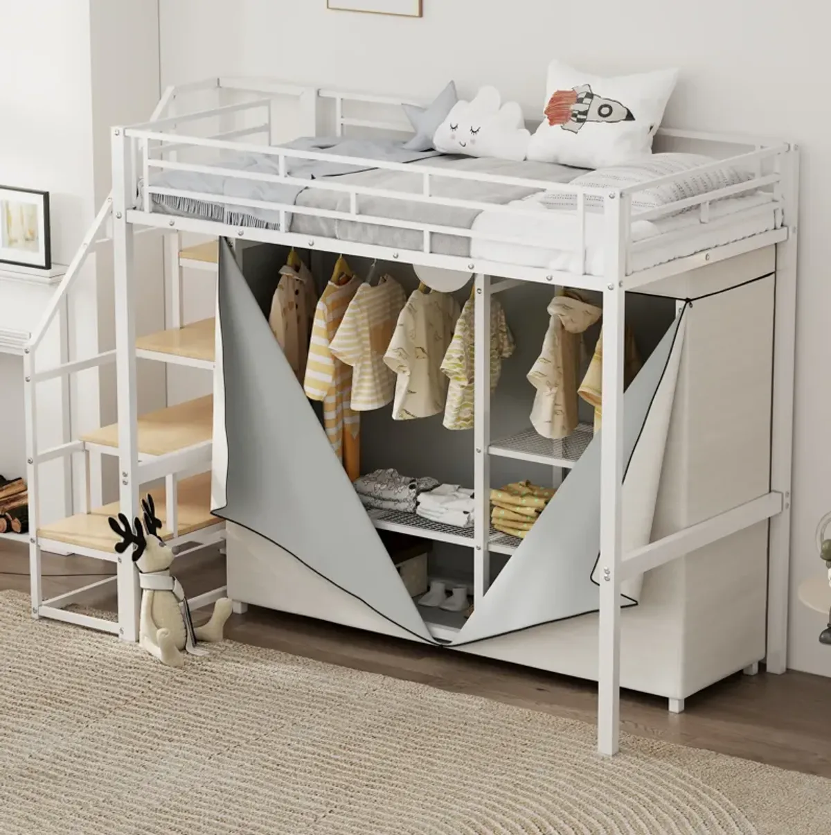 Merax Metal Loft Bed with Wardrobe and Storage Shelves