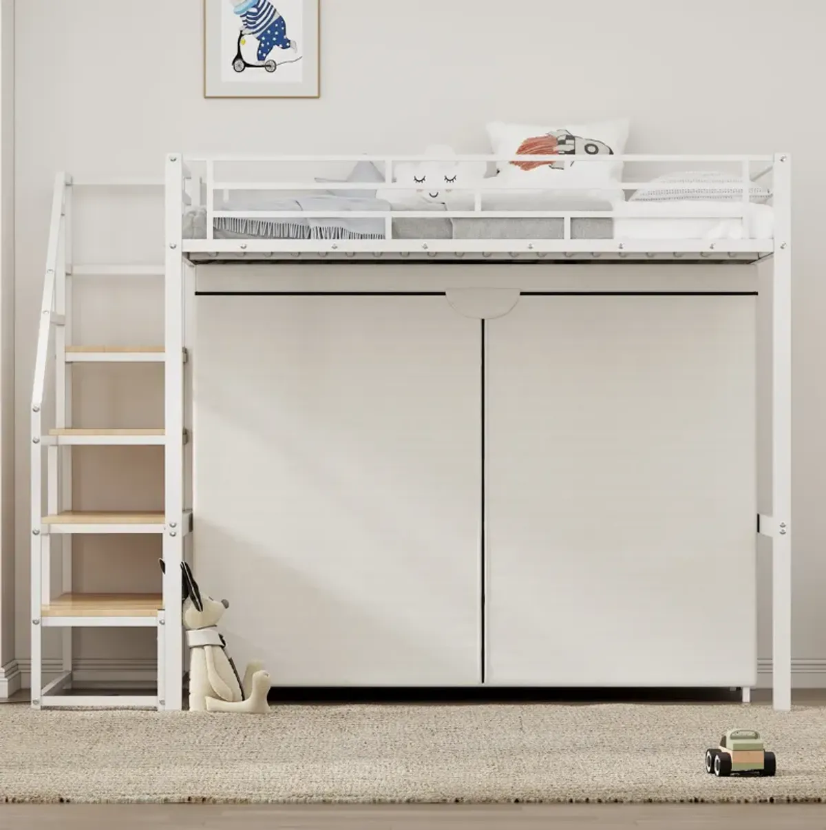 Merax Metal Loft Bed with Wardrobe and Storage Shelves