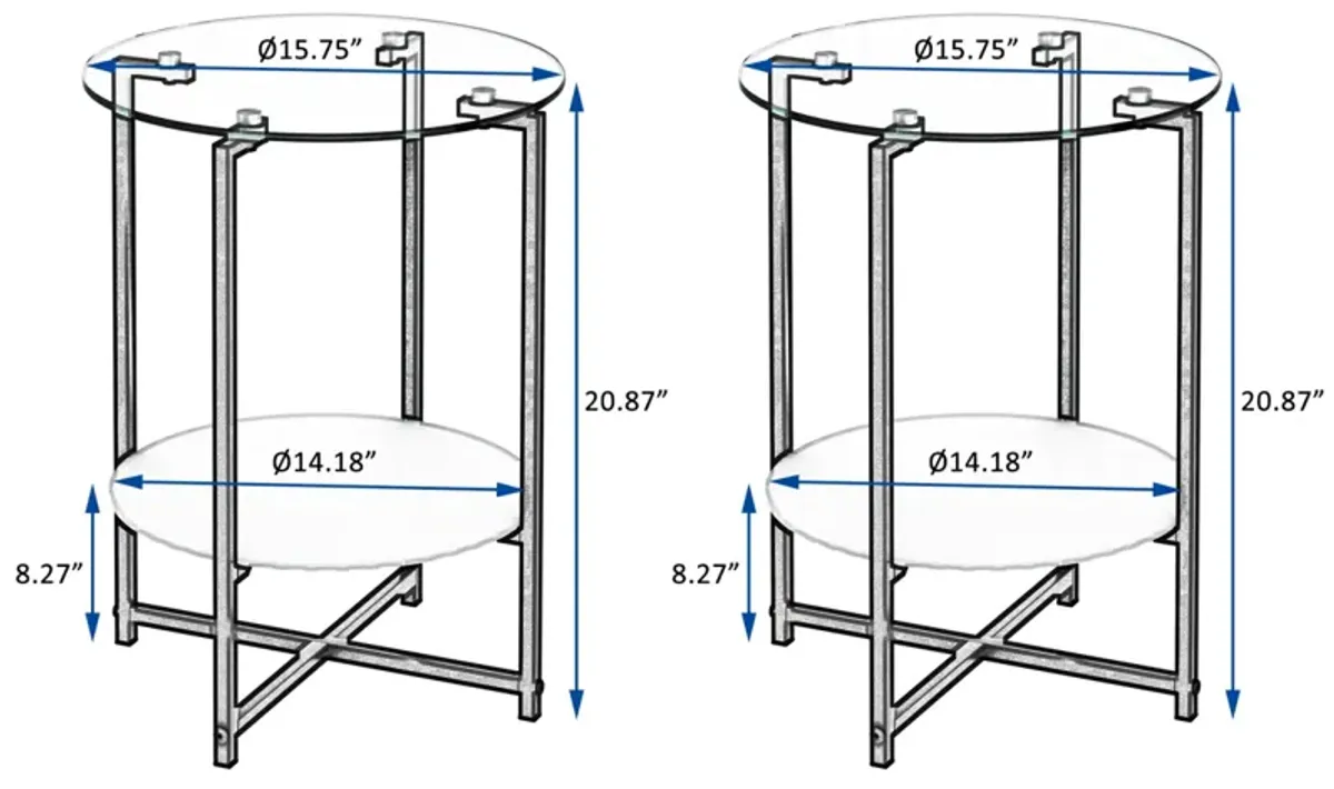 2-Piece Set Tempered Glass End Table, Round Coffee Table For Bedroom Living Room Office