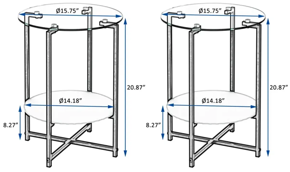 2-Piece Set Tempered Glass End Table, Round Coffee Table For Bedroom Living Room Office