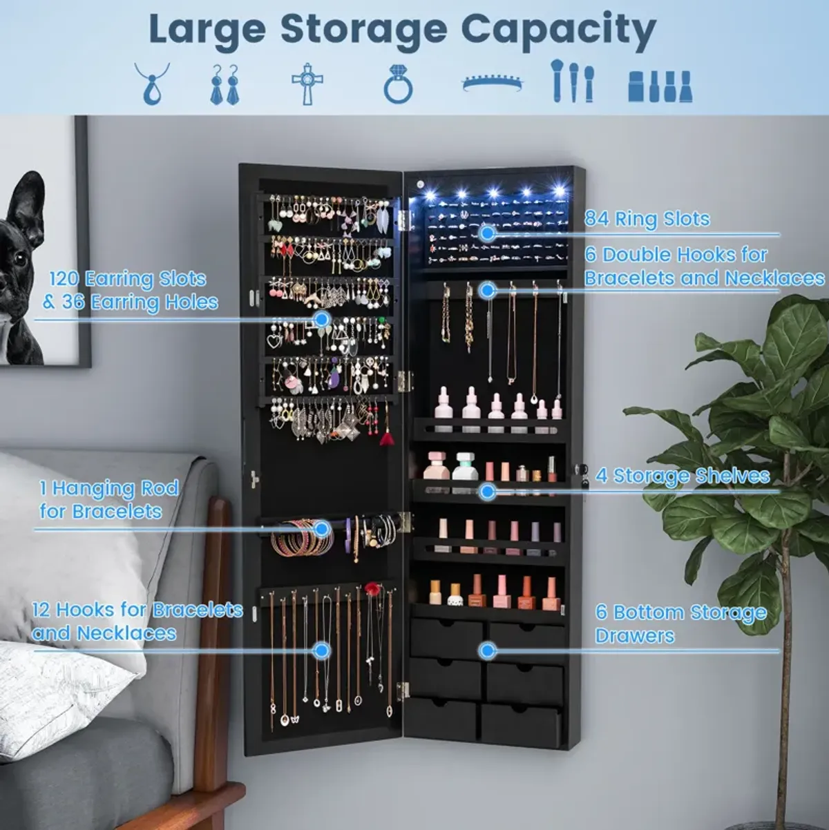 5 LEDs Lockable Mirror Jewelry Cabinet Armoire with 6 Drawers