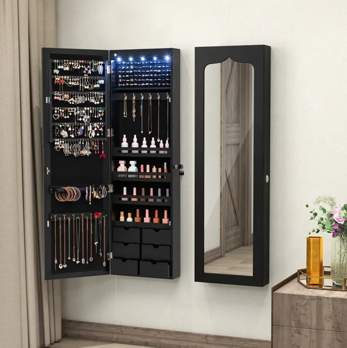 5 LEDs Lockable Mirror Jewelry Cabinet Armoire with 6 Drawers