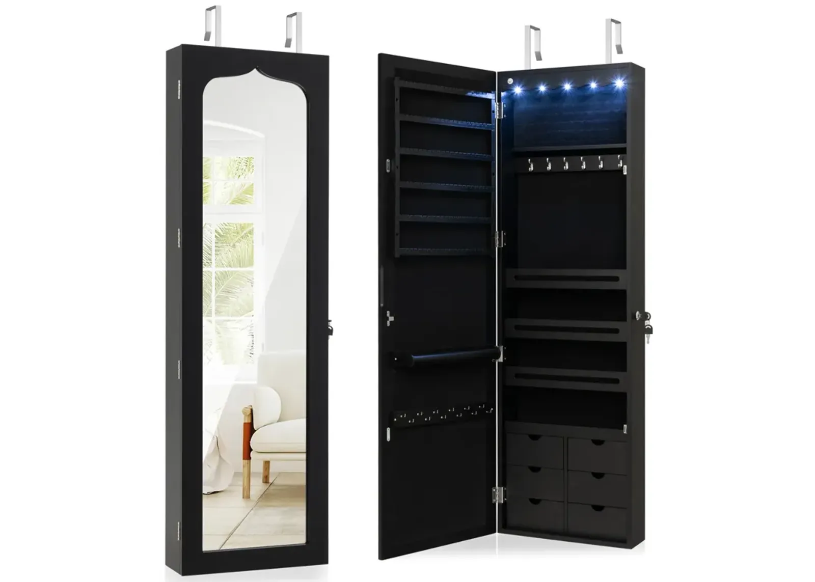 5 LEDs Lockable Mirror Jewelry Cabinet Armoire with 6 Drawers