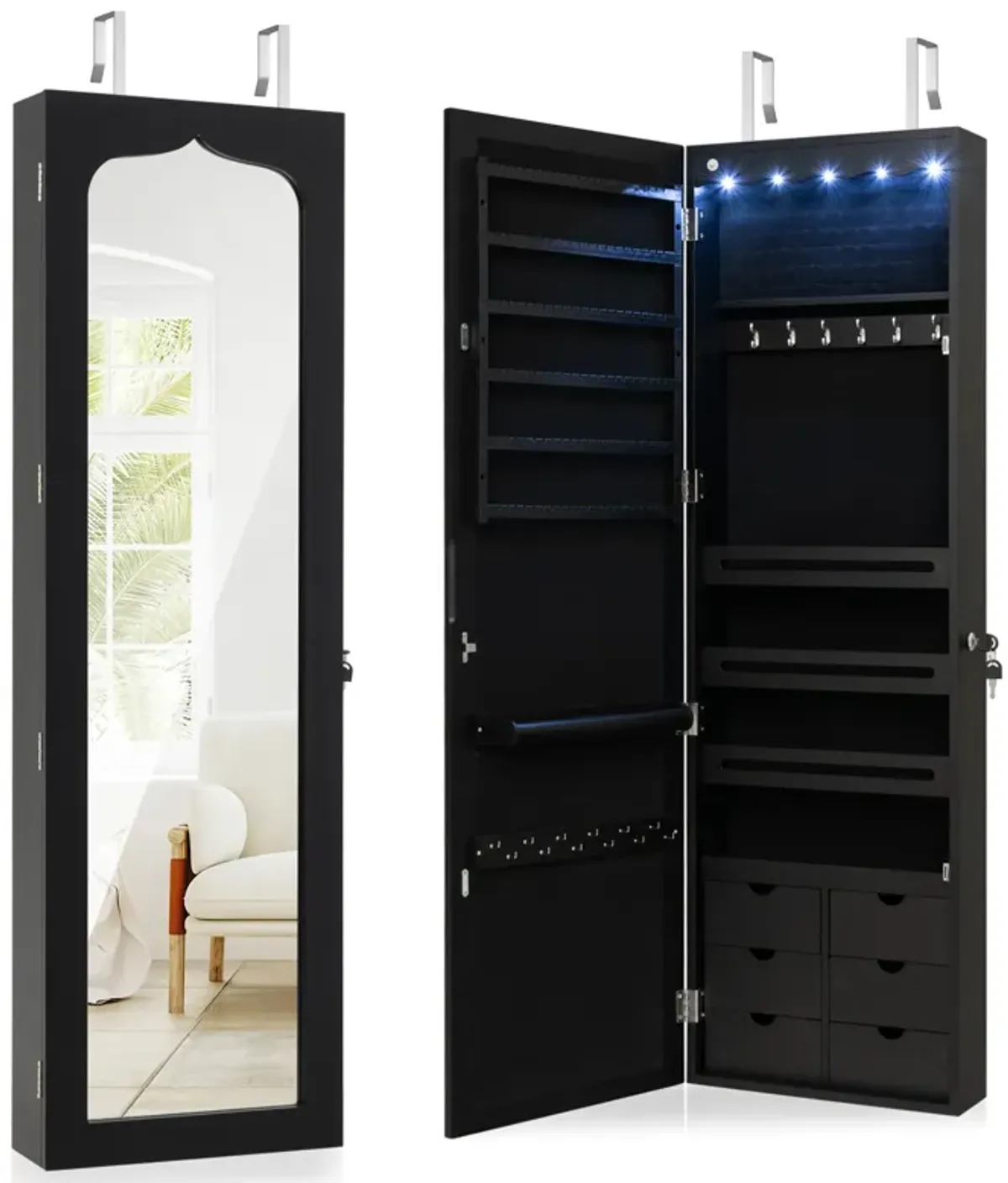 5 LEDs Lockable Mirror Jewelry Cabinet Armoire with 6 Drawers