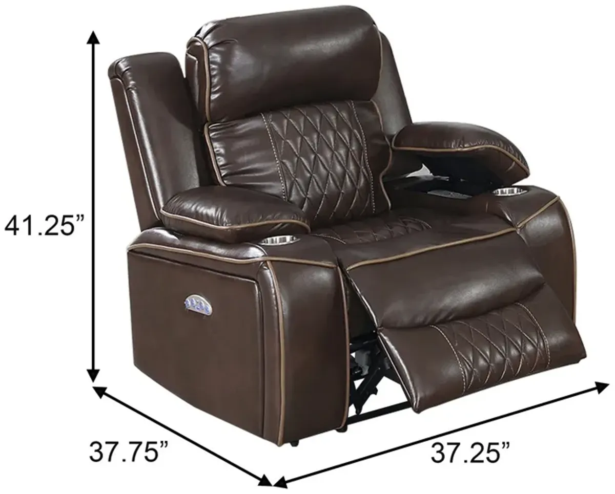 Xiu 38 Inch Power Recliner Chair, USB Port, Storage, Faux Leather, Brown-Benzara