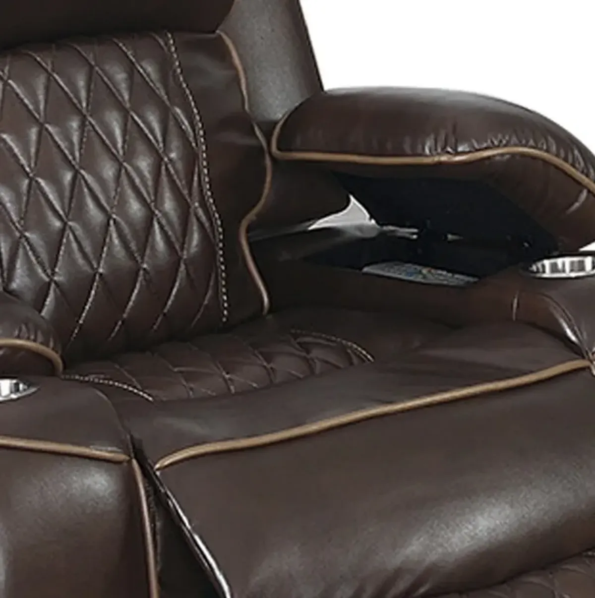 Xiu 38 Inch Power Recliner Chair, USB Port, Storage, Faux Leather, Brown-Benzara