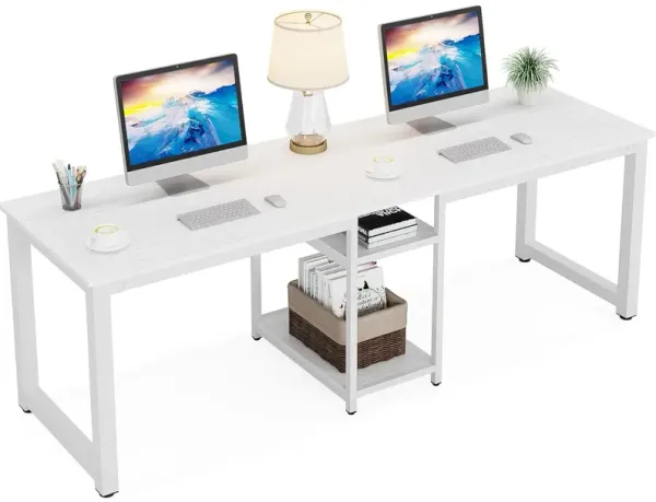 Double Desk with Storage, 78 Inch Long Desk for 2 People, Extra Large 2 Person Gaming Desk, White Two Computer Workstation Writing Desk for Home Office