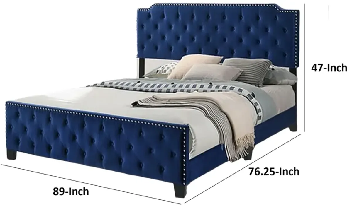 Agapi California King Bed, Button Tufted, Nailhead Trim, Navy Upholstery - Benzara