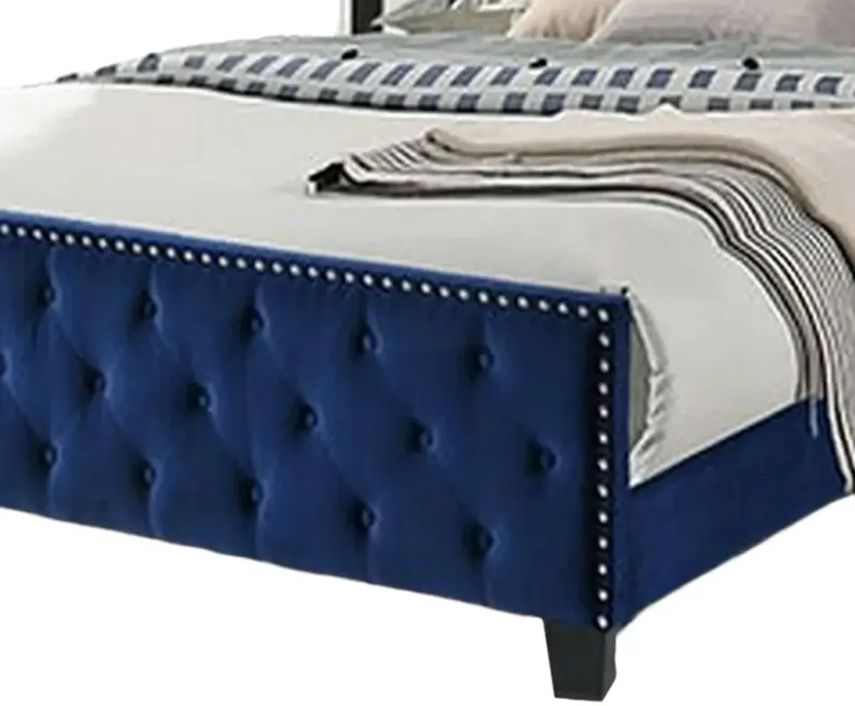 Agapi California King Bed, Button Tufted, Nailhead Trim, Navy Upholstery - Benzara