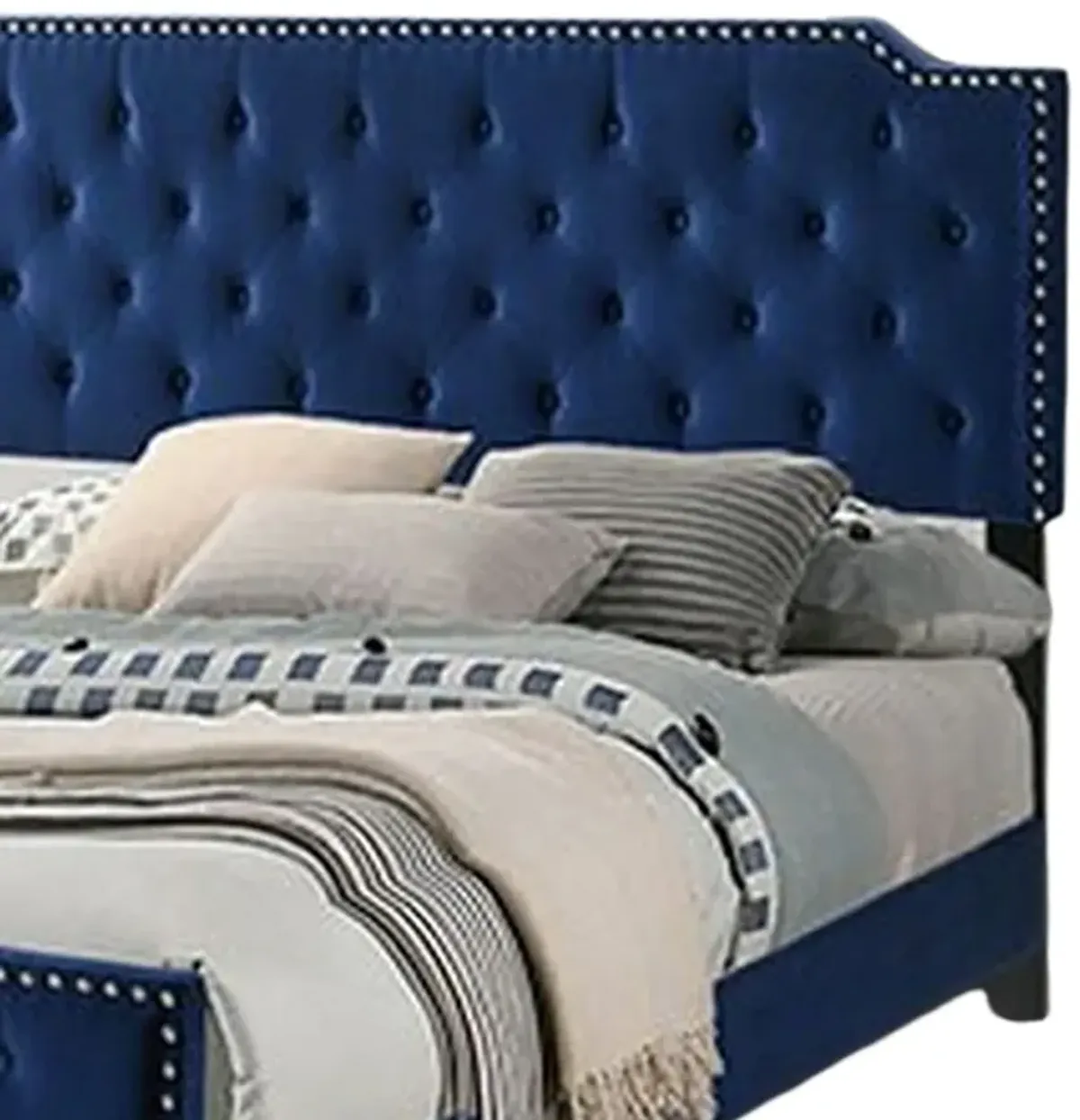 Agapi California King Bed, Button Tufted, Nailhead Trim, Navy Upholstery - Benzara