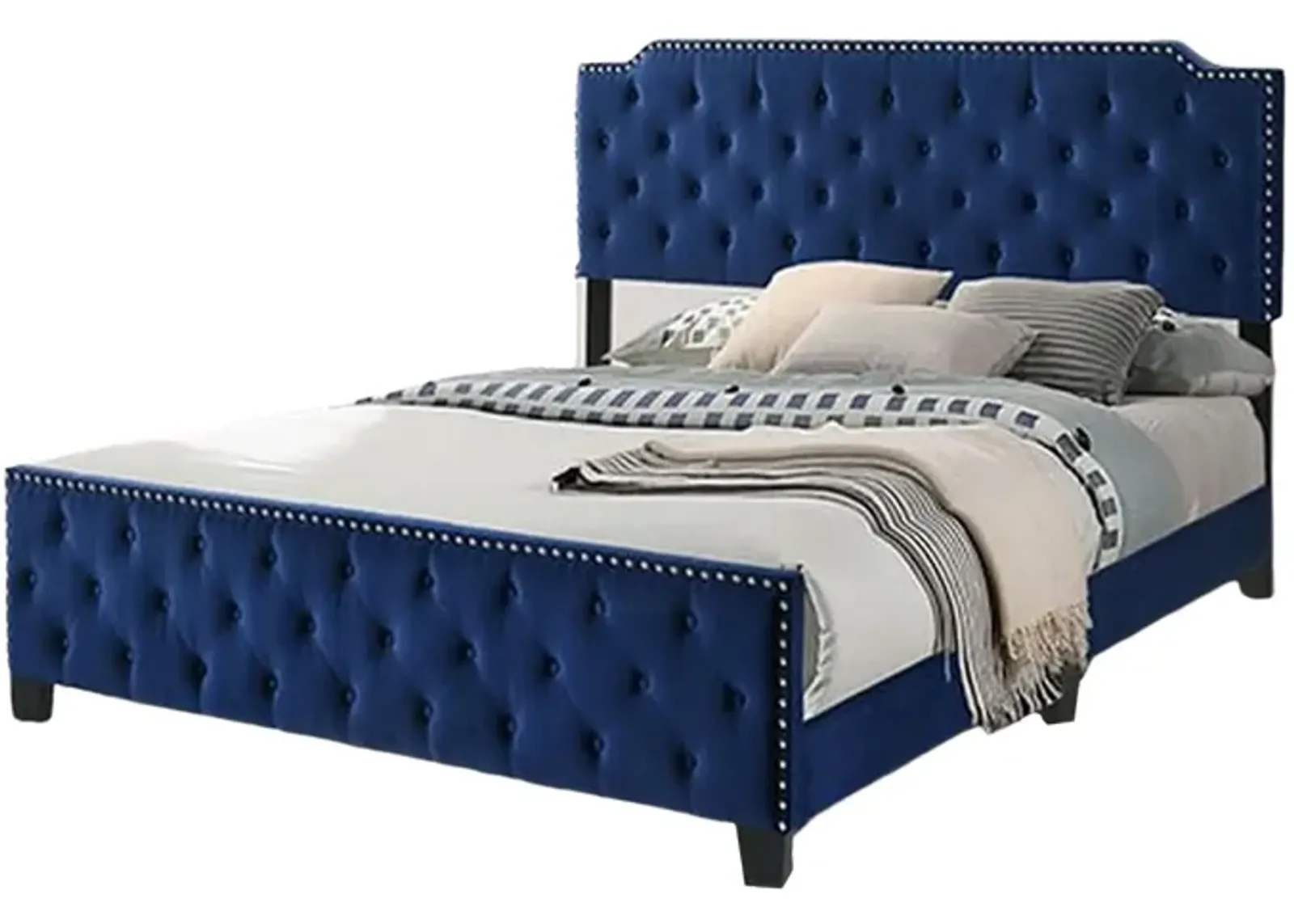 Agapi California King Bed, Button Tufted, Nailhead Trim, Navy Upholstery - Benzara