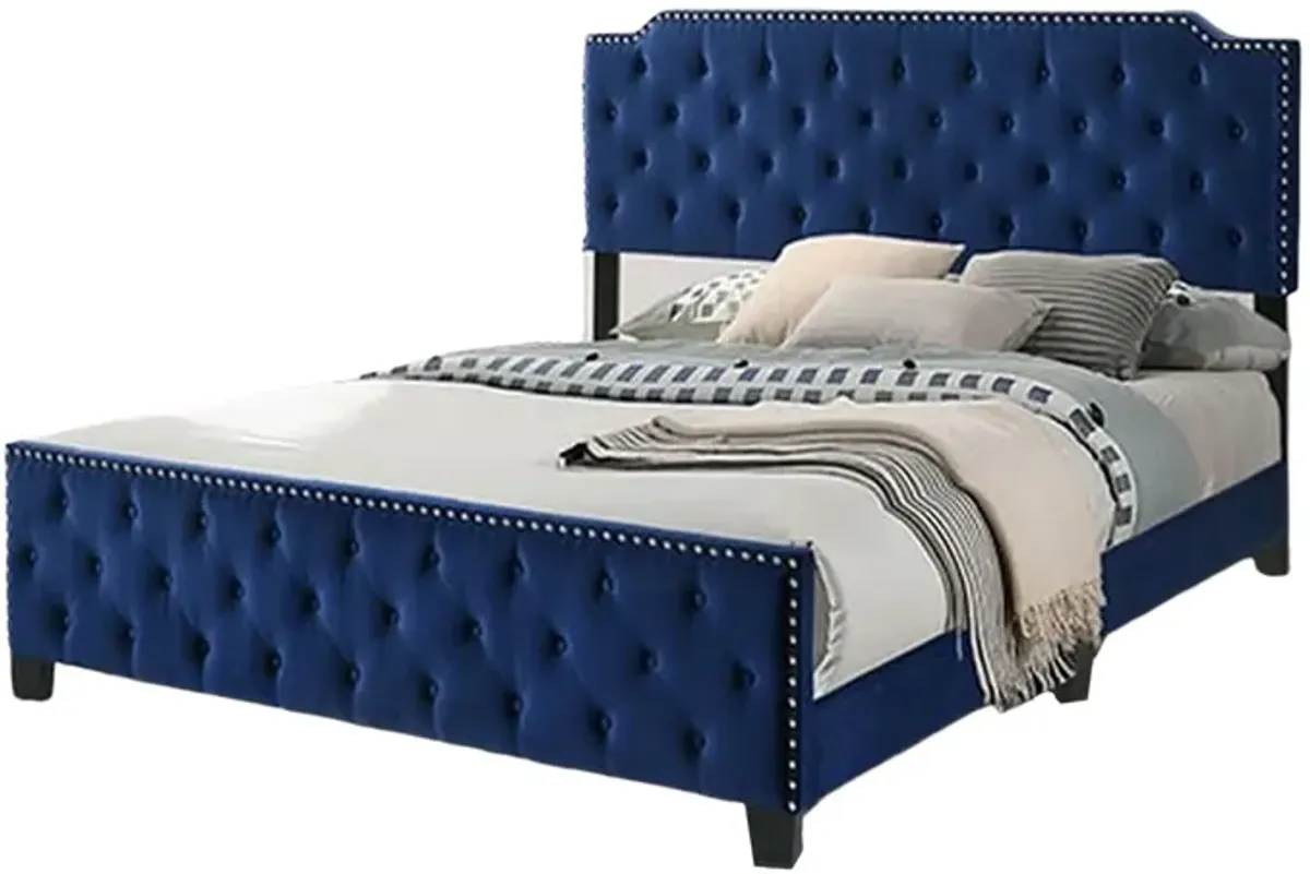 Agapi California King Bed, Button Tufted, Nailhead Trim, Navy Upholstery - Benzara