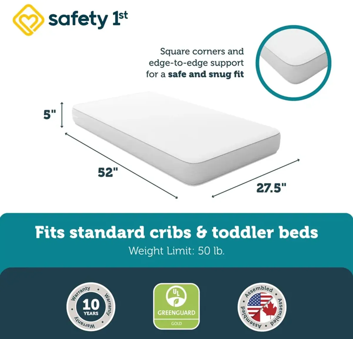 Pleasant Dreams Crib and Toddler Bed Mattress with Waterproof and Stain Resistant Cover, White