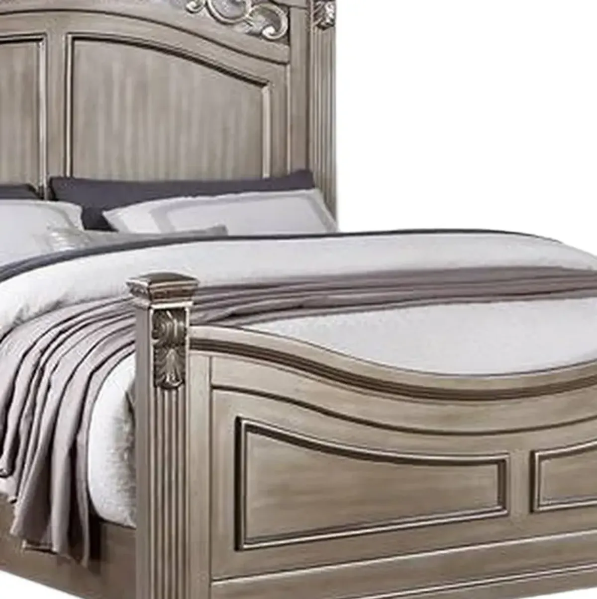 Aza Traditional Wood Queen Size Bed, Leaf Carvings, Champagne Gold Finish - Benzara