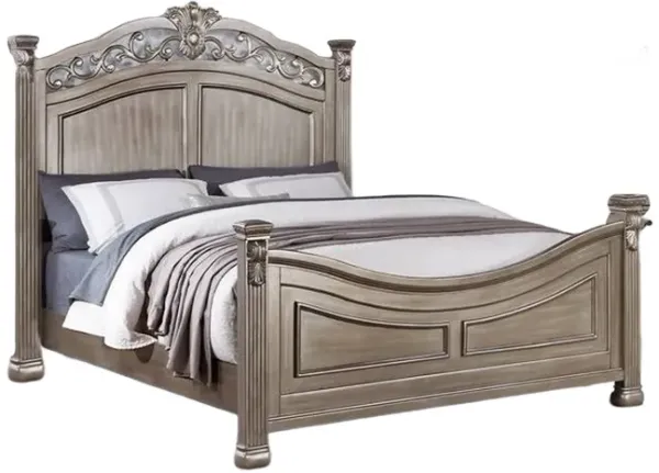 Aza Traditional Wood Queen Size Bed, Leaf Carvings, Champagne Gold Finish - Benzara