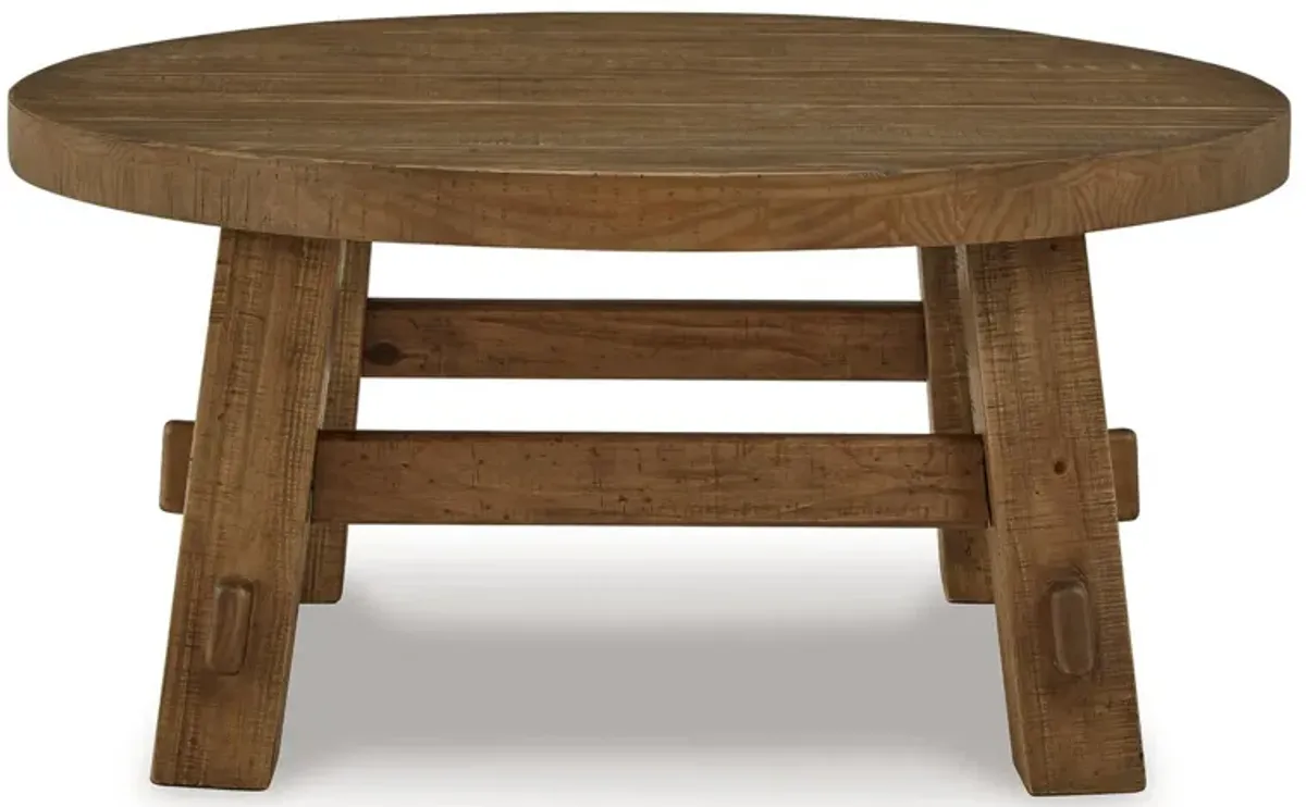 Ack Round Cocktail Coffee Table, Block Legs, 40 Inch Brown Pine Wood - Benzara