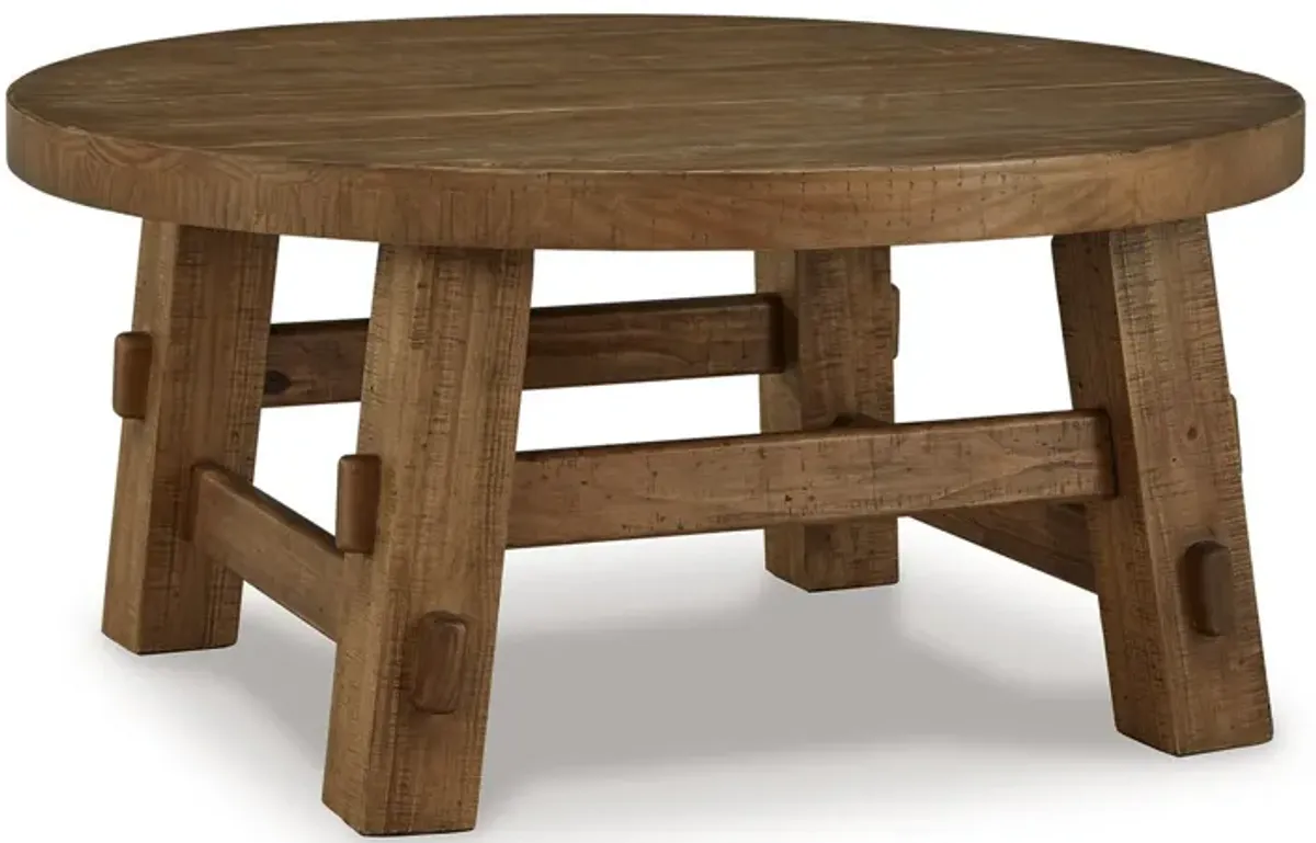 Ack Round Cocktail Coffee Table, Block Legs, 40 Inch Brown Pine Wood - Benzara