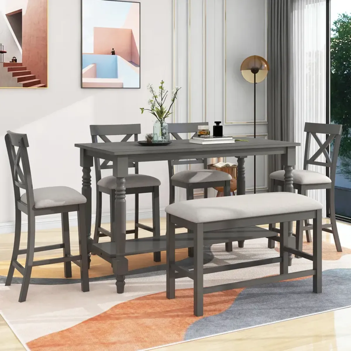 Merax 6-Piece Counter Height Dining Table Set Table with Shelf 4 Chairs and Bench for Dining Room